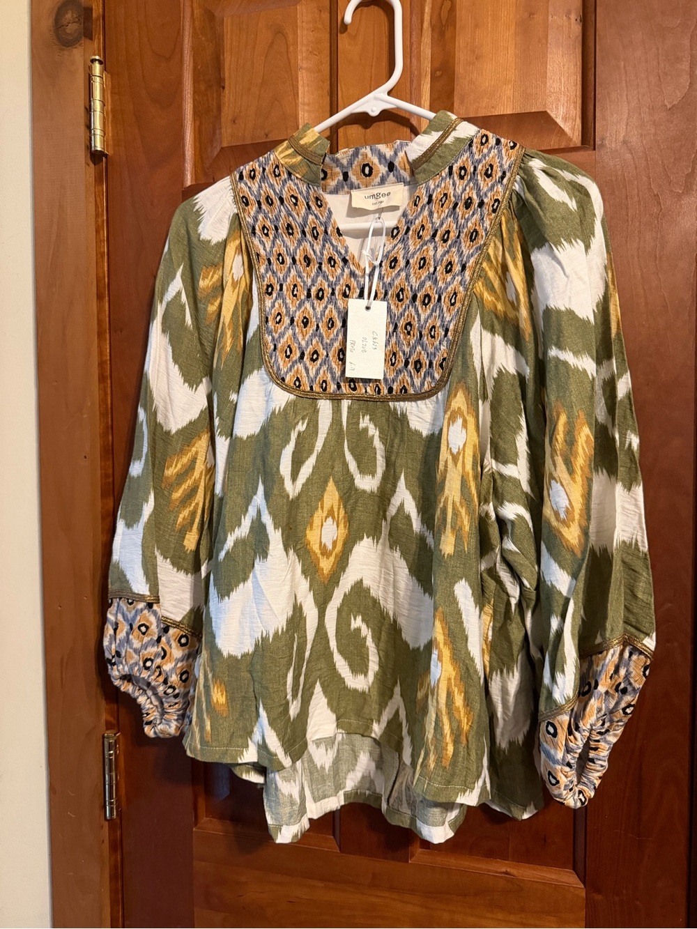 Umgee Olive Ikat Peasant Blouse with Embroidered Bib